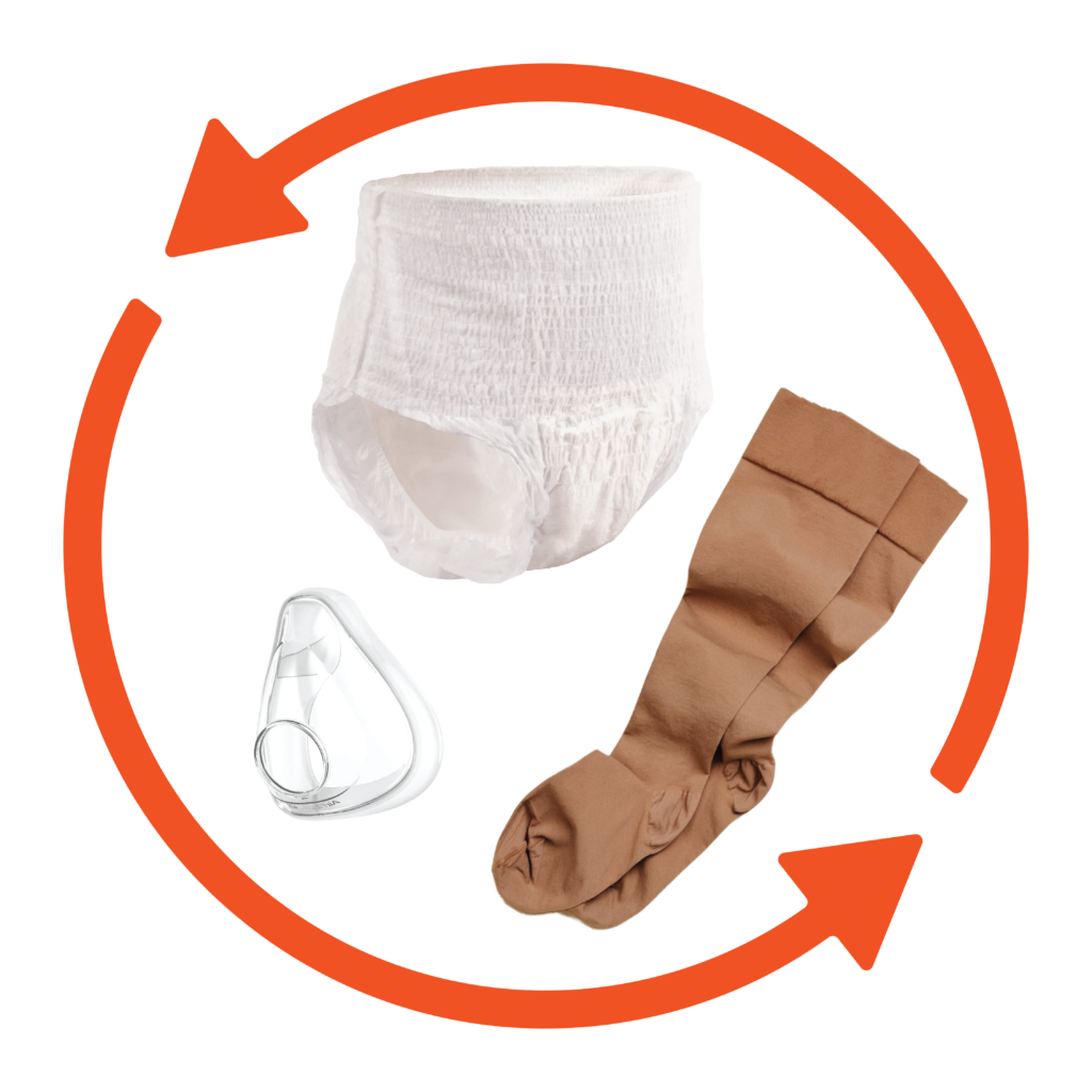 Compression stockings and incontinence care products for sale.